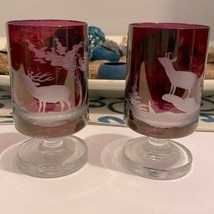 Vintage Bohemian Glass Austria Flashed Cranberry Etched Stag Doe Deer Glasses
